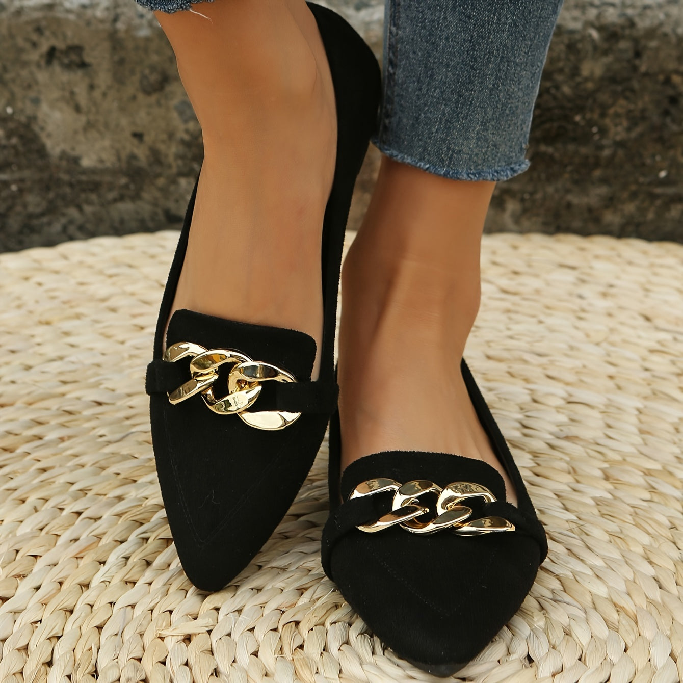 Women's Faux Leather Slip-On Flats with Black Metal Chain Pointed Toe