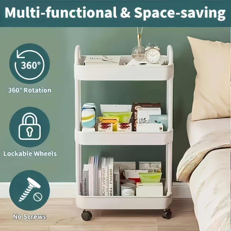 3-Tier Rolling Storage Cart with Movable Drain Shelf for Kitchen and Bathroom