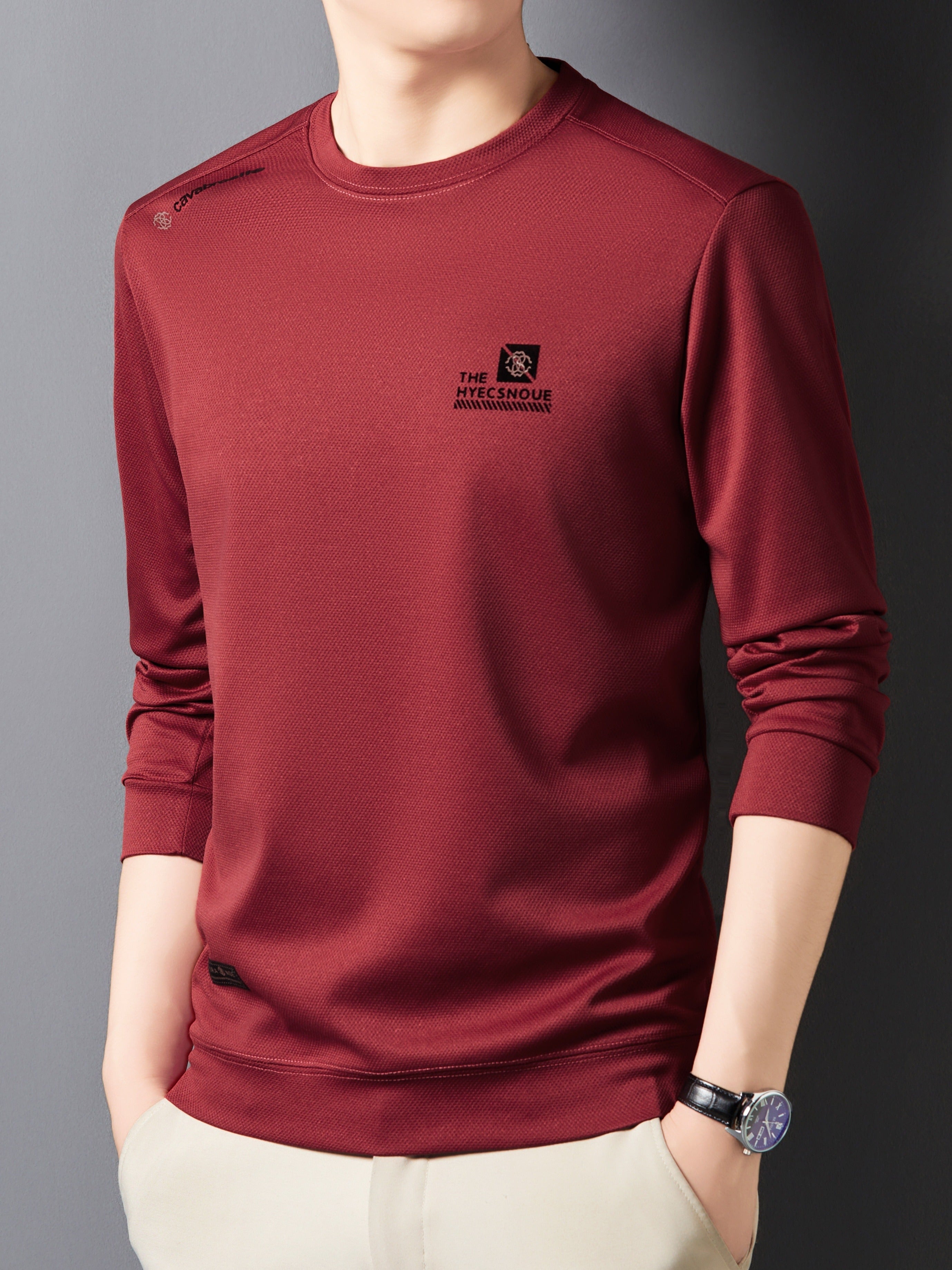 Men's Long Sleeve Crew Neck Sweatshirt with Chest Emblem Polyester Casual Autumn