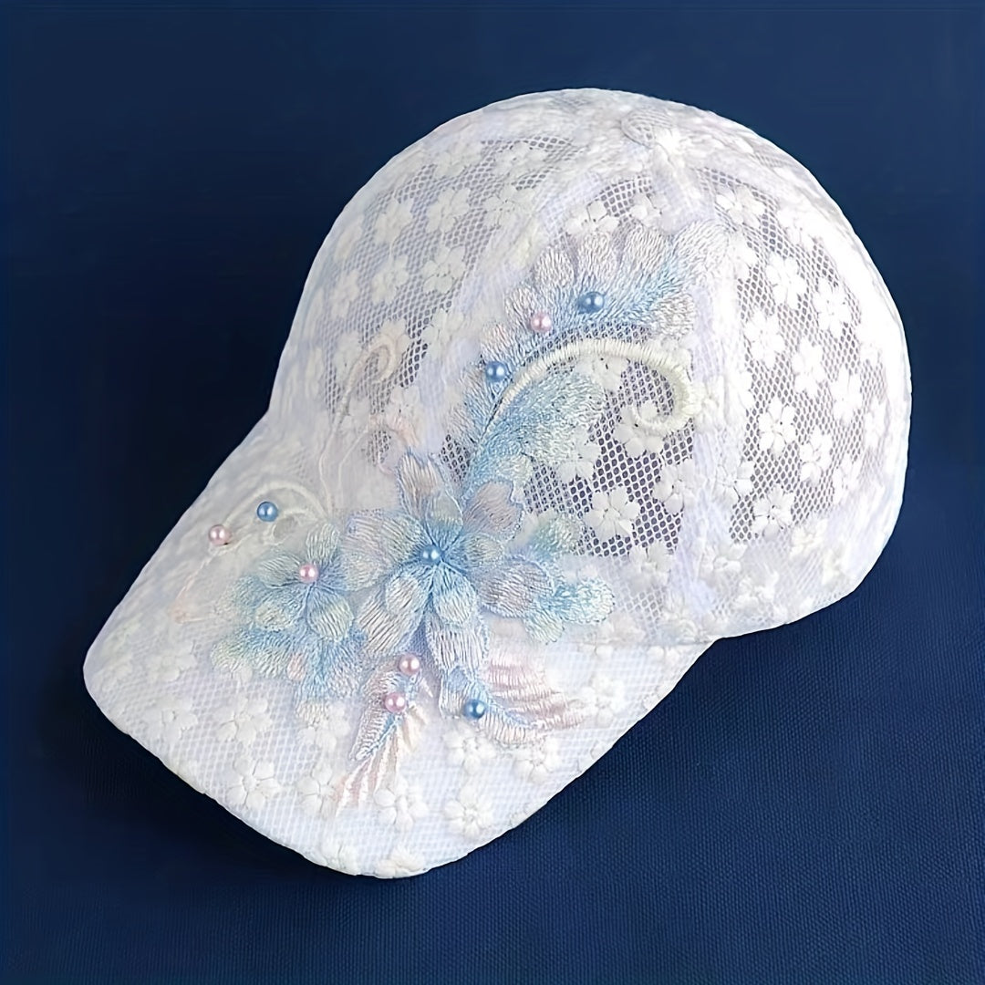Women's Mesh Baseball Cap with Flower Embroidery Faux Pearl Lace Adjustable Breathable