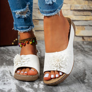 Women’s White Floral Slip-On Slippers with Open Toe and Flat Heel