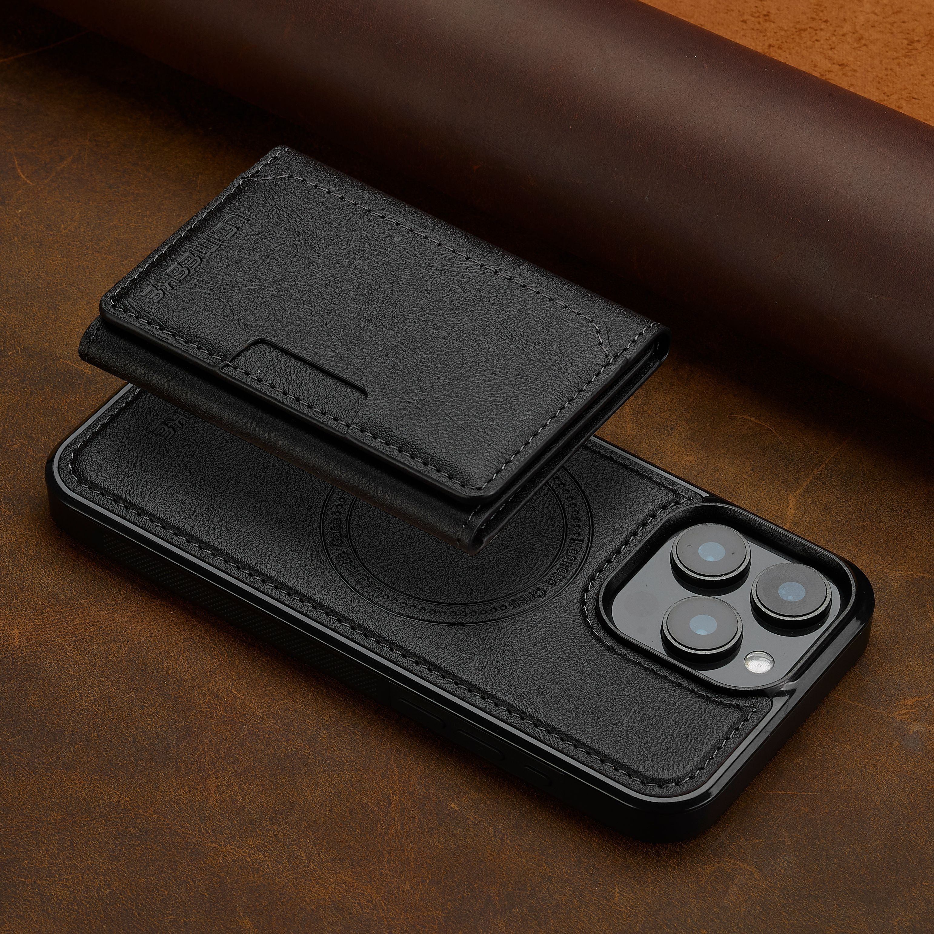 Funda de teléfono de cuero sintético desmontable para iPhone 11-16 con ranuras para tarjetas y carga inalámbrica magnética