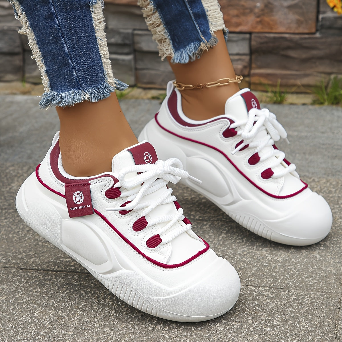 Women's Casual Low-Top Lace-Up Sneakers White Navy Blue Lightweight Faux Cover Round Toe