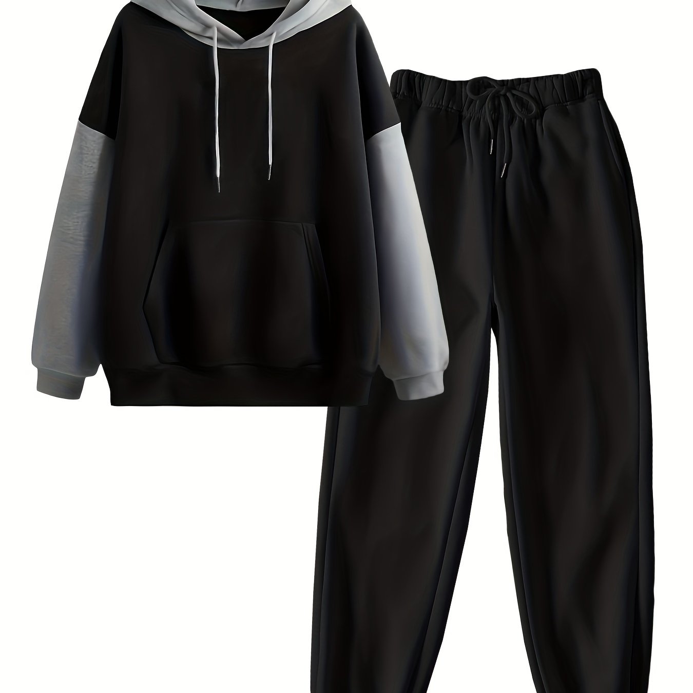 Conjunto de dos piezas para mujer en negro y gris, sudadera con capucha y joggers de poliéster para otoño e invierno