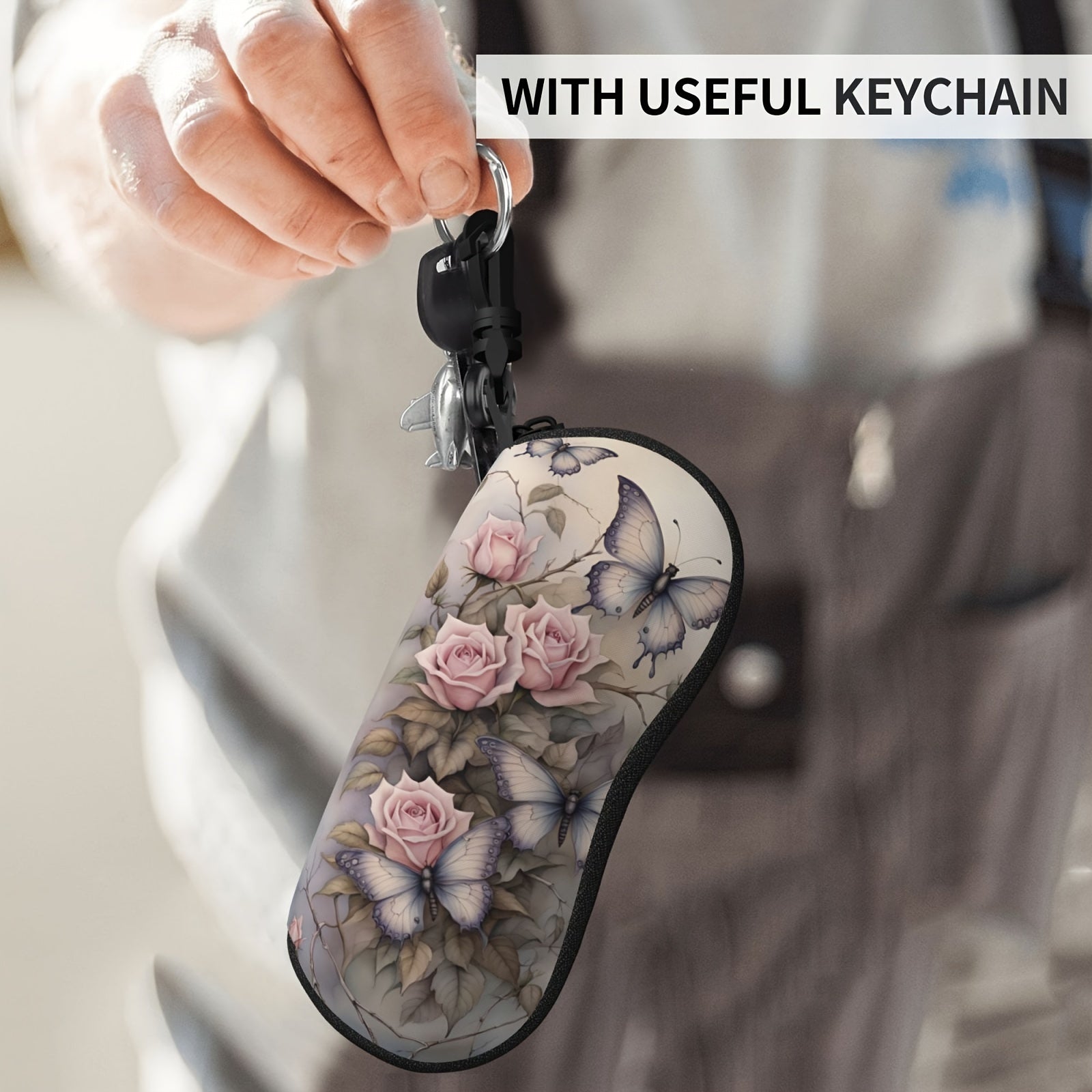 Women's Glasses Case with Flowers and Butterflies Portable Rubber Zipper Cover