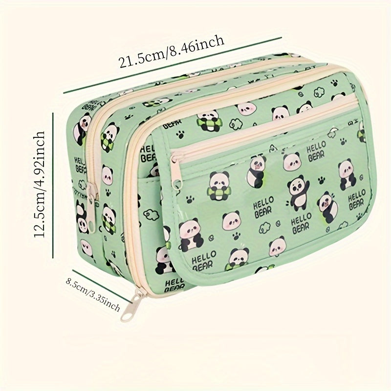 Kids Boys Girls Panda Cartoon Pencil Case with Multi-Layer Organizer Oxford Fabric Storage Box