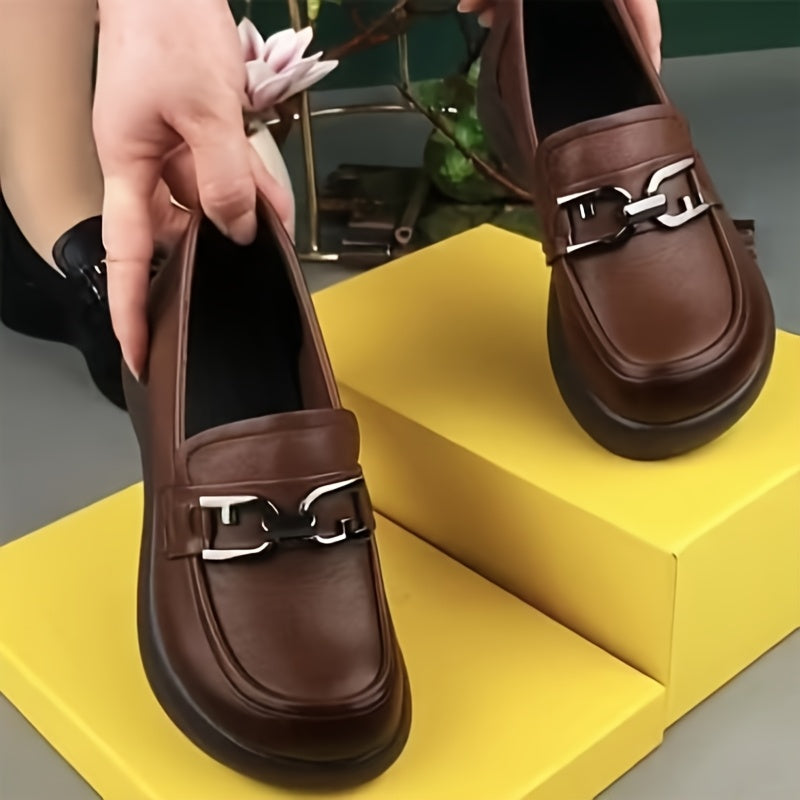 Women's Brown PU Loafers with Metallic Buckle Slip-Resistant Cushioned Sole