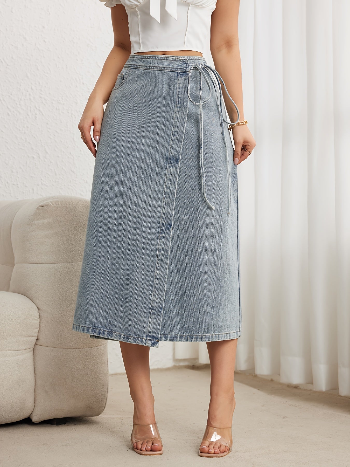 Women's High Waist Denim Skirt Midi Asymmetrical Drawstring Front Split Solid Color Regular Fit