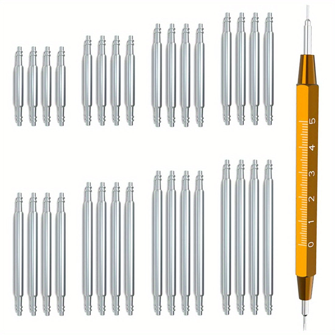 Soat tasmasini almashtirish vositalari to'plami 33 ta qismdan iborat bo'lib, unda 32 ta og'ir vaznli zanglamas po'latdan yasalgan soat tasmasi pinlari bilan birga bahor bar vositasi mavjud. Bu soat ixlosmandlari uchun mukammal sovg'a tanlovi.