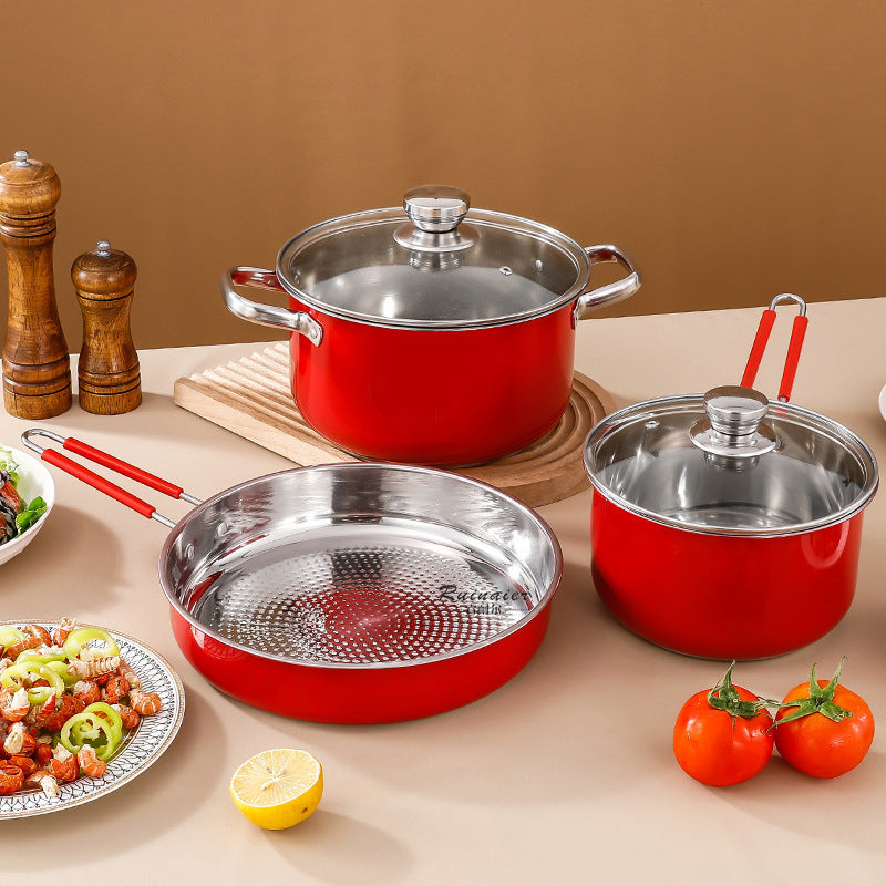 Set of 5 Stainless Steel Red Pots and Pans Kitchen Cookware Set with Milk Pan Frying Pan Soup Pan