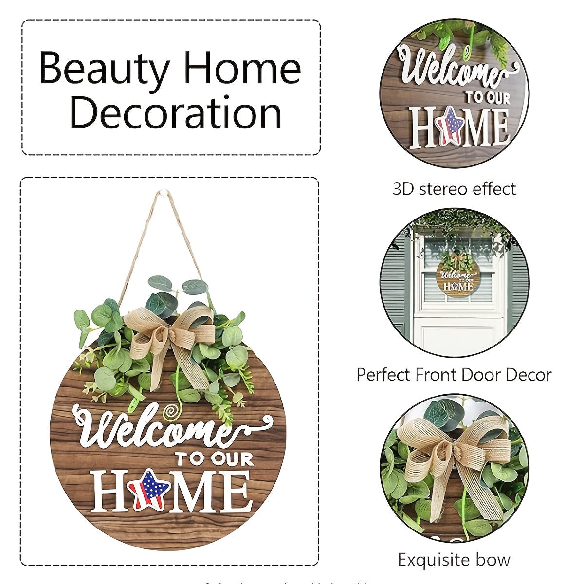 Round Wooden Door Hanger with Garland Rustic Welcome Sign Farmhouse Porch Decor All Seasons