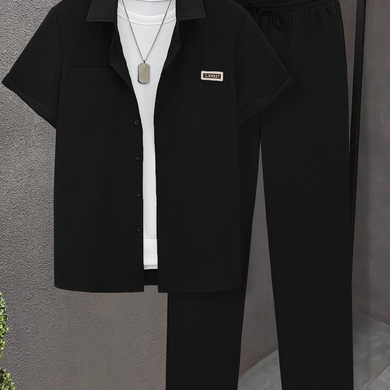 Men's Casual 2-Piece Outfit Solid Color Short Sleeve Shirt Drawstring Pants