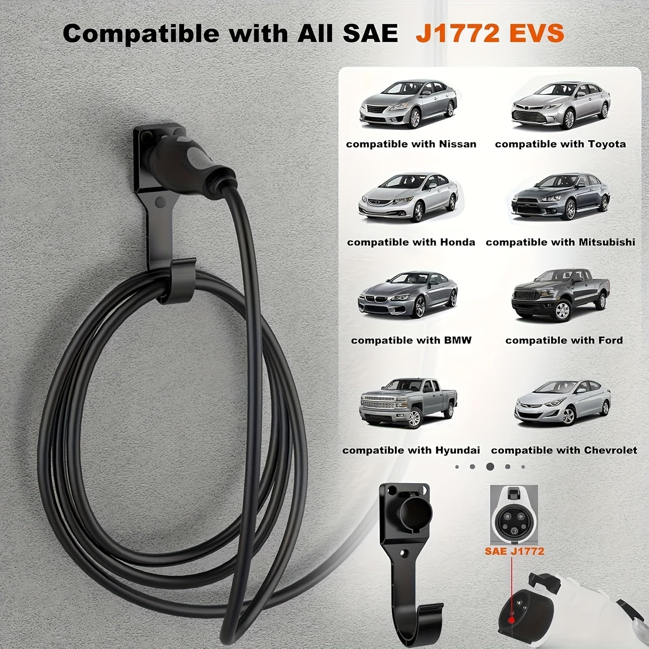 EV Charger Cable Holder SAE J1772 European Standard Charging Cable Organizer Portable EV Cable Hook