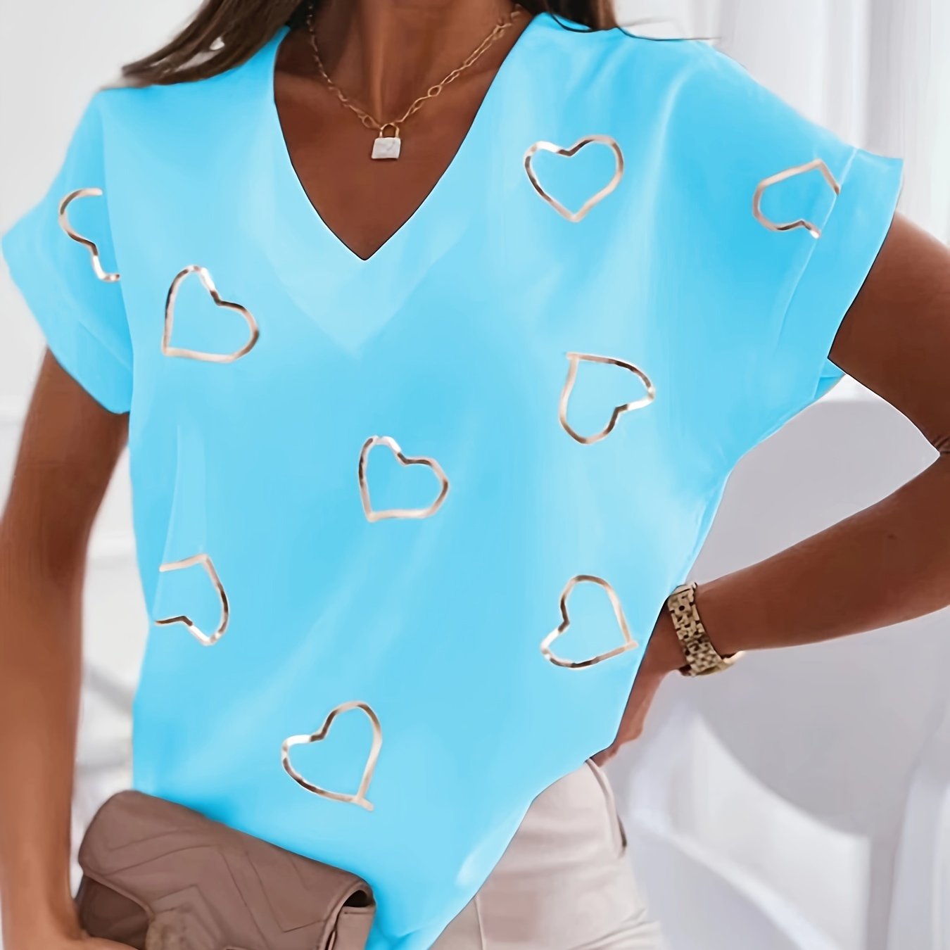 Women's Summer V-Neck T-Shirt with Red Heart Print Short Sleeve Breathable Polyester Blend