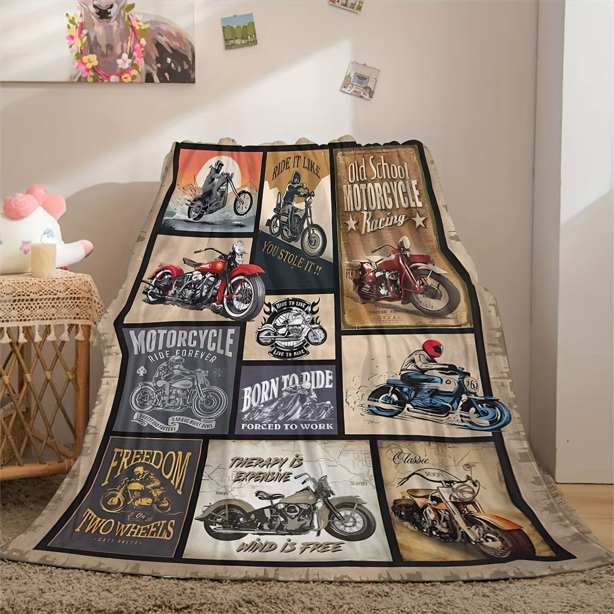 Vintage Motorcycle Patchwork Blanket for Men Women Kids Camping Travel Stylish Bedding