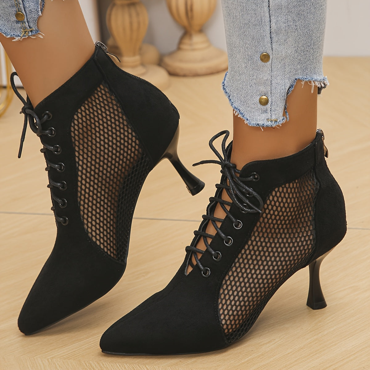 Women's Black Mesh Ankle Boots Pointed Toe Lace-Up Stiletto Heels