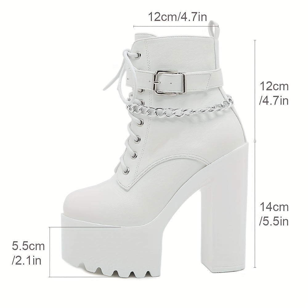 Women's Ankle Boots with Chain Decor Block Heel Lace-Up Side Zipper All-Season