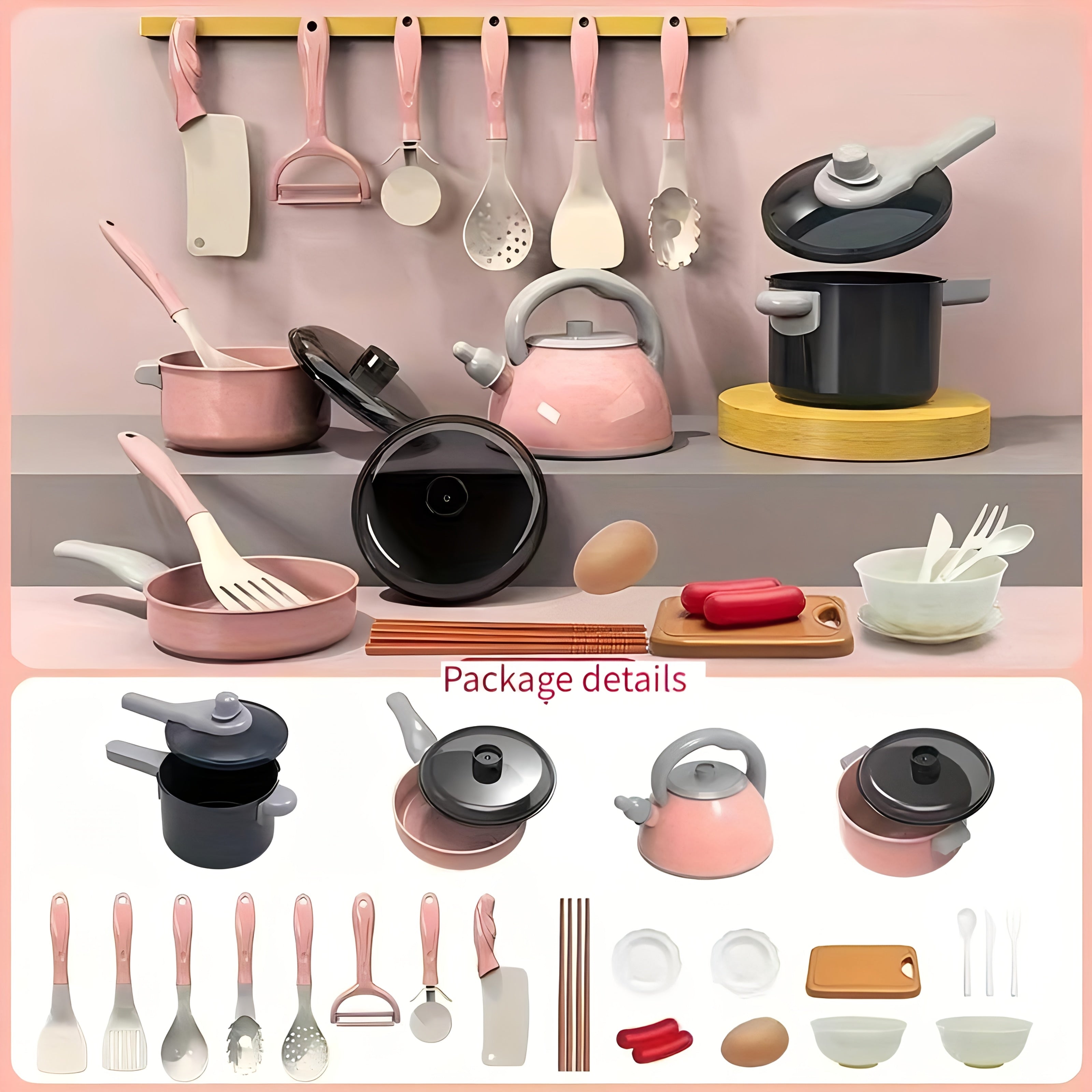 Pink Children's Play Kitchen Toys with Pots Pans and Tableware for Kids