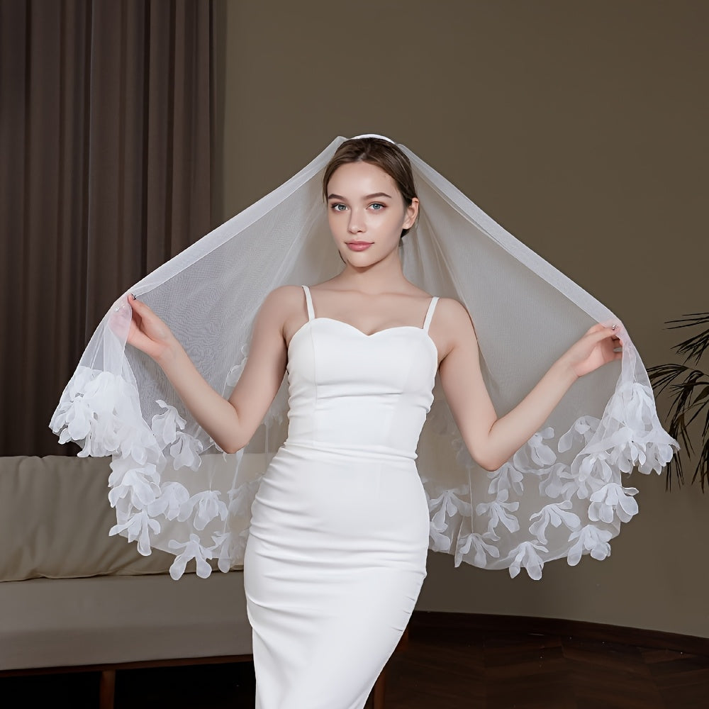 Handcrafted Bridal Veil with Floral Embroidery and Yarn Headpiece for Weddings