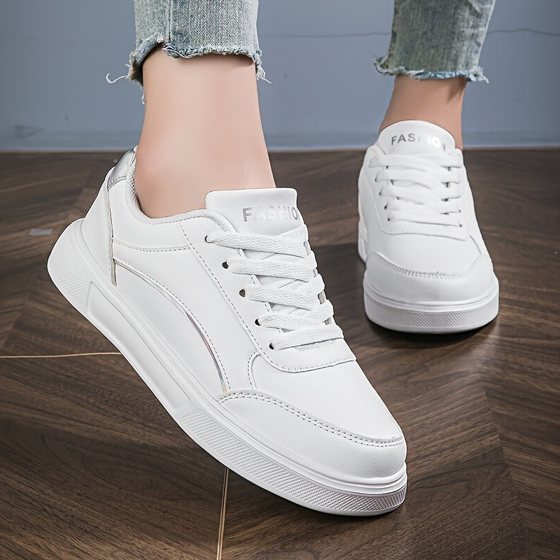 Women's White Sneakers with Gold Accents Low-Top Comfortable Casual Walking Shoes