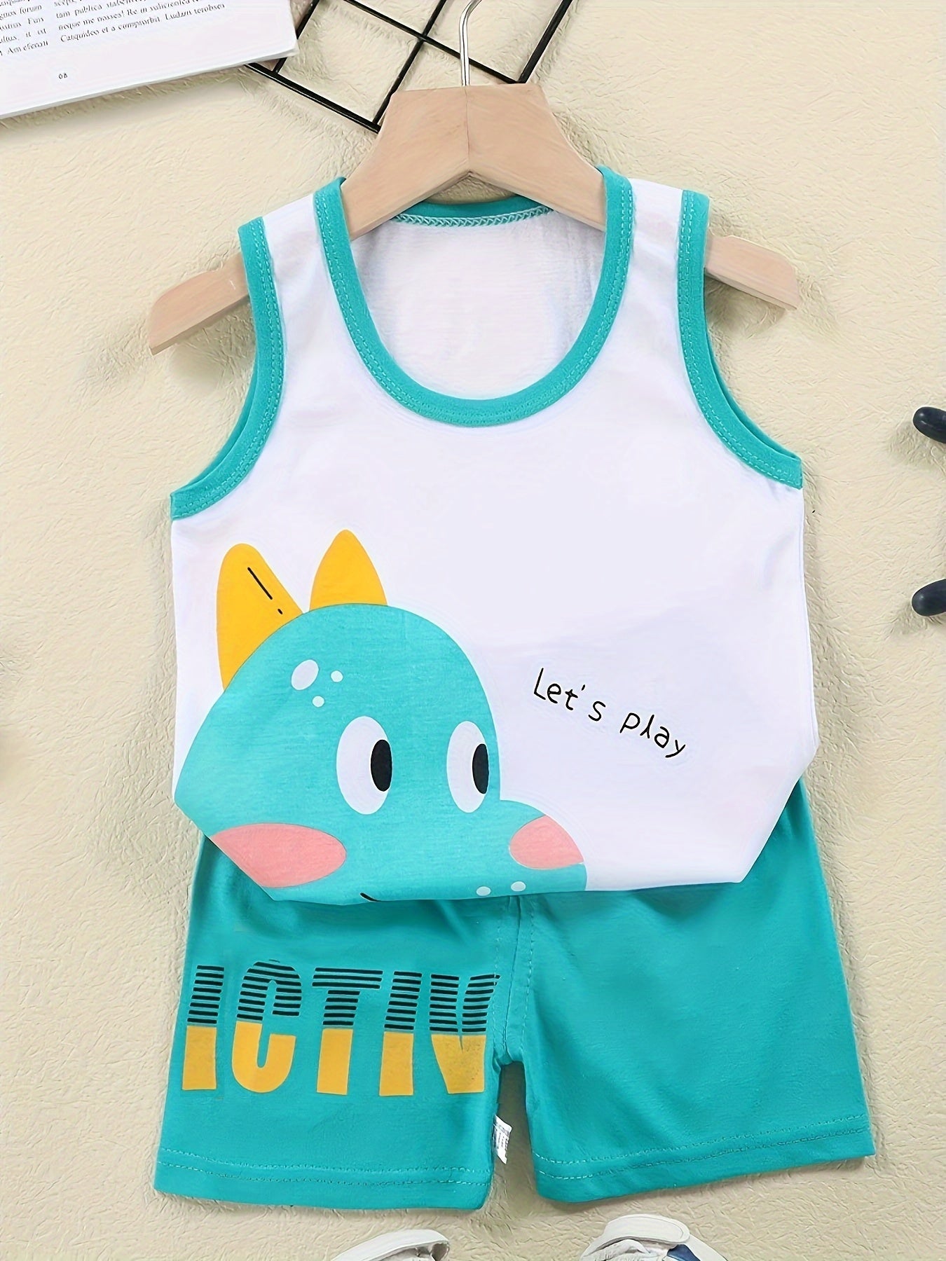 Kids Summer Dinosaur Print Cotton Shorts Set Crew Neck Tank Top and Shorts for Boys