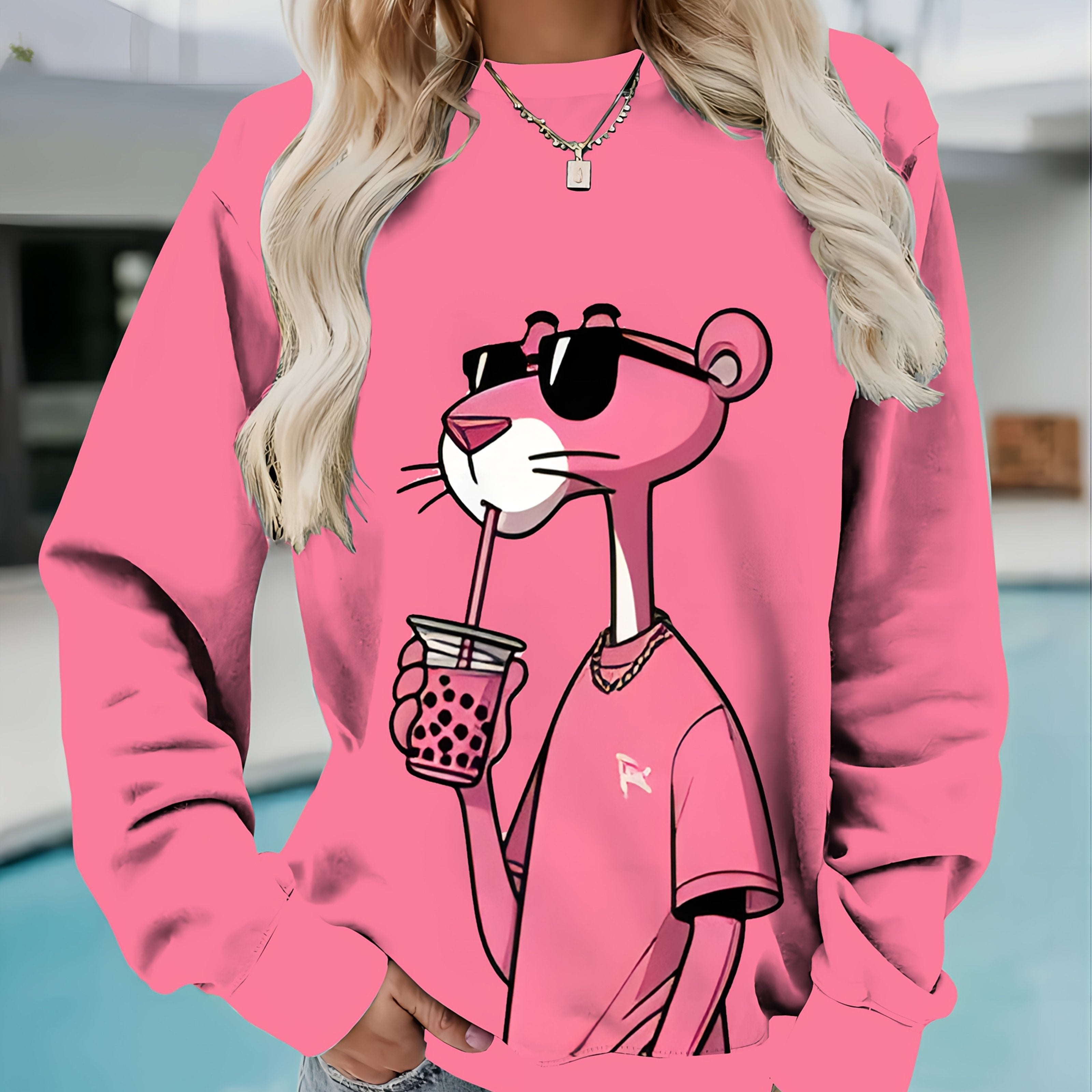 Women's Pink Cartoon Animal Print Oversized Sweatshirt Polyester Pullover with Long Sleeves