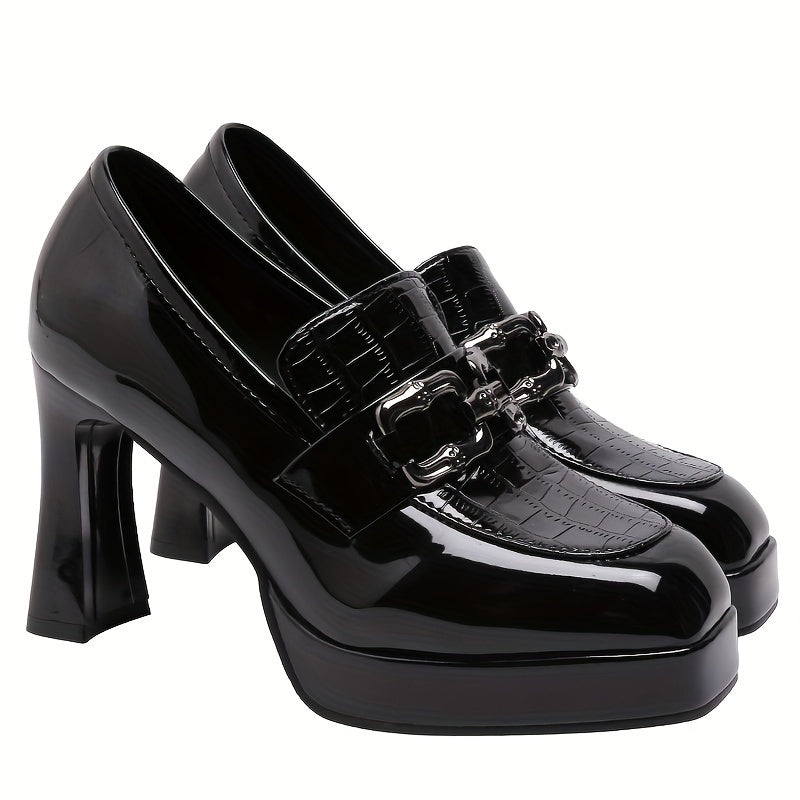 Women's Solid Color High Heels with Platform Buckle Decor Lightweight Square Toe Shoes