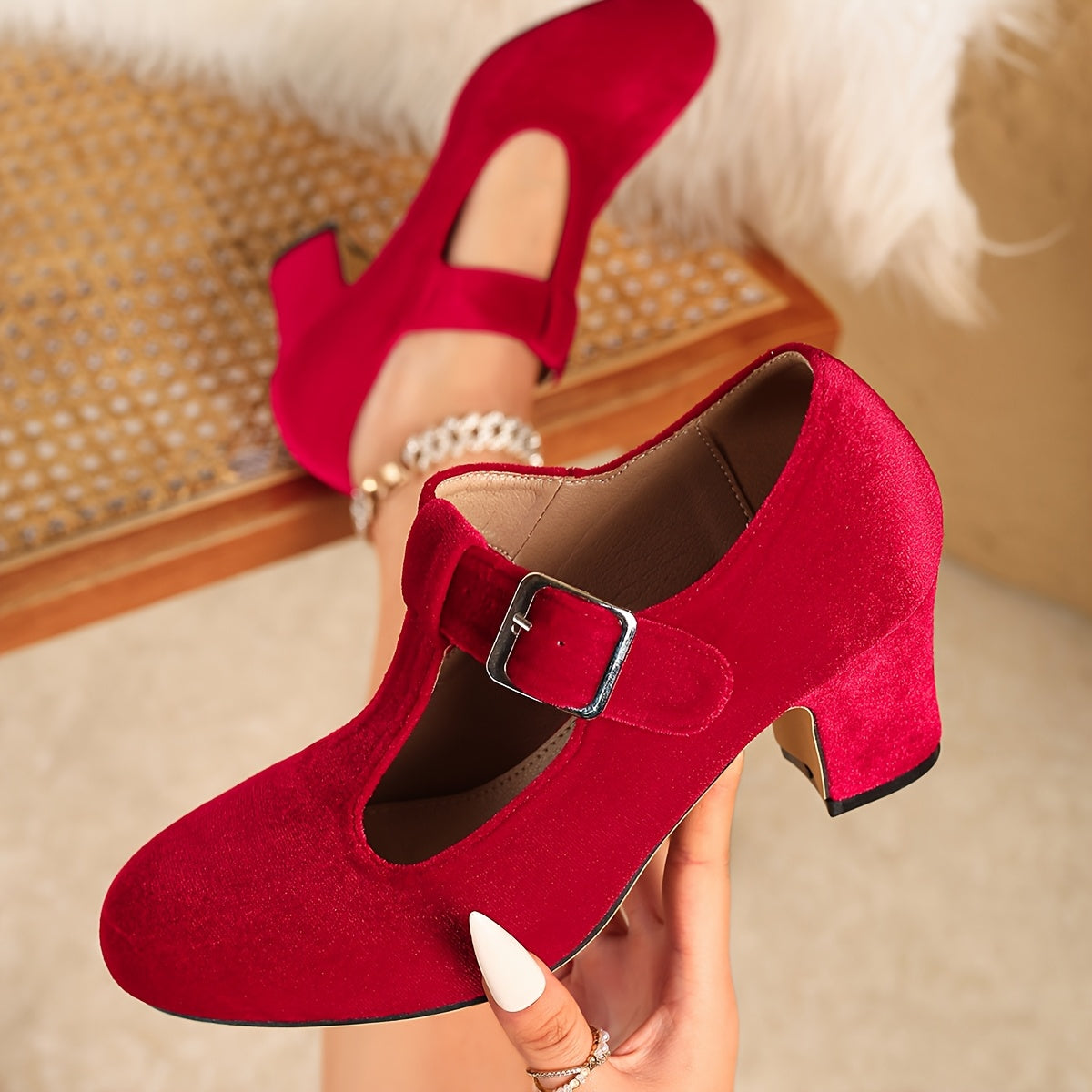 Women's Velvet Mary Jane Pumps with Ankle Strap and Round Toe