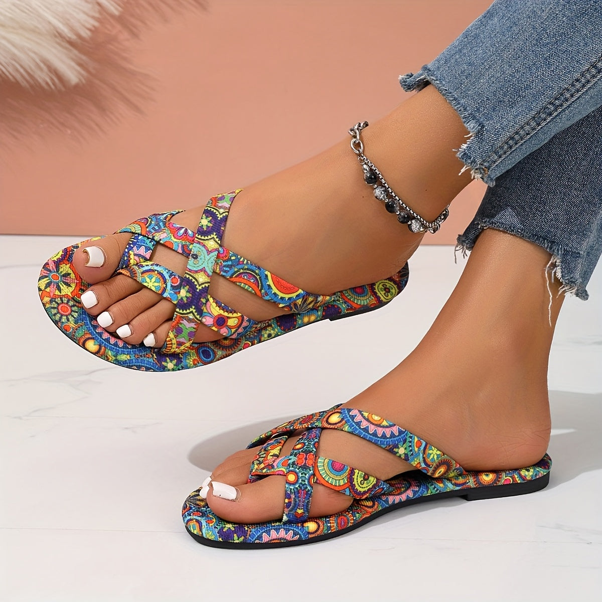 Plus Size Women's Bohemian Geometric Print Slip-On Sandals Open-Toe Summer Shoes