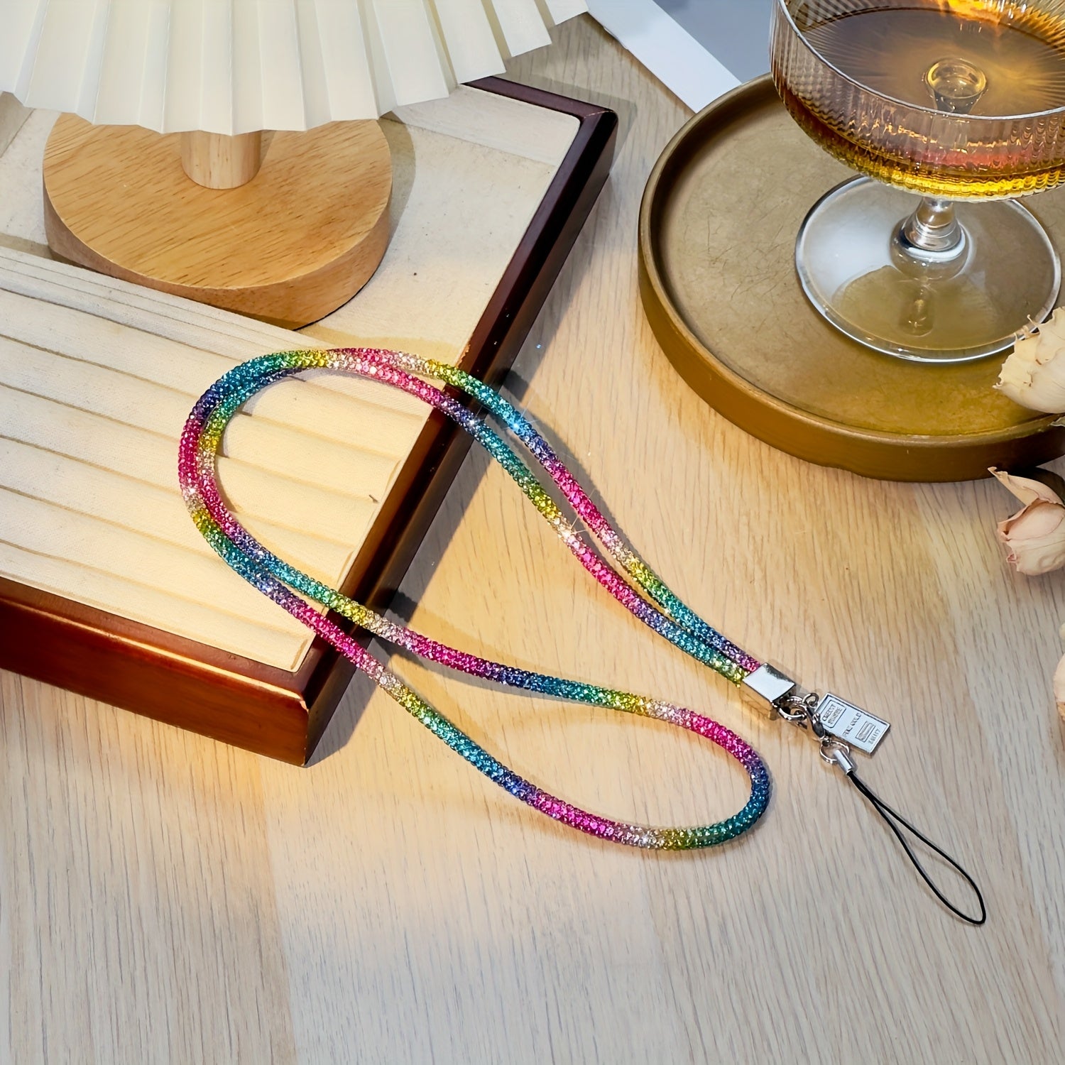 Chic Crystal Necklace Phone Holder for Women with Keychain Black Lanyard