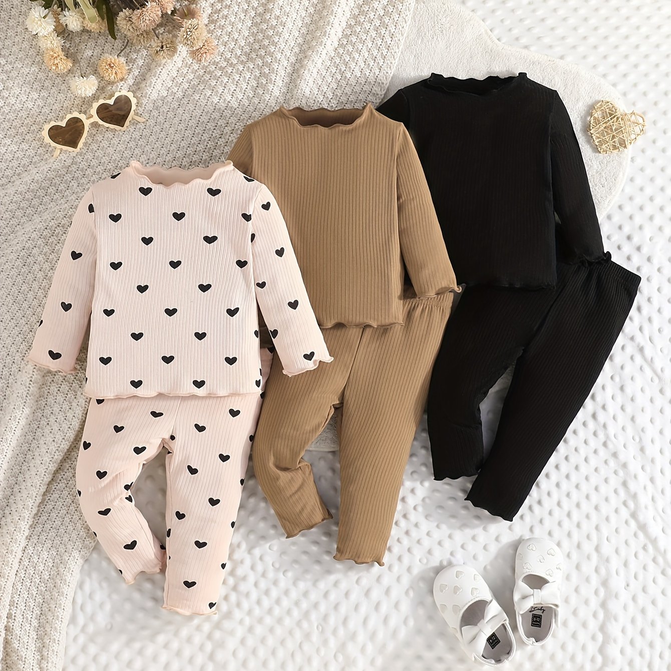 Girls' 3-Piece Long Sleeve Outfit Set with Heart Pattern Brown Black Polyester All-Season