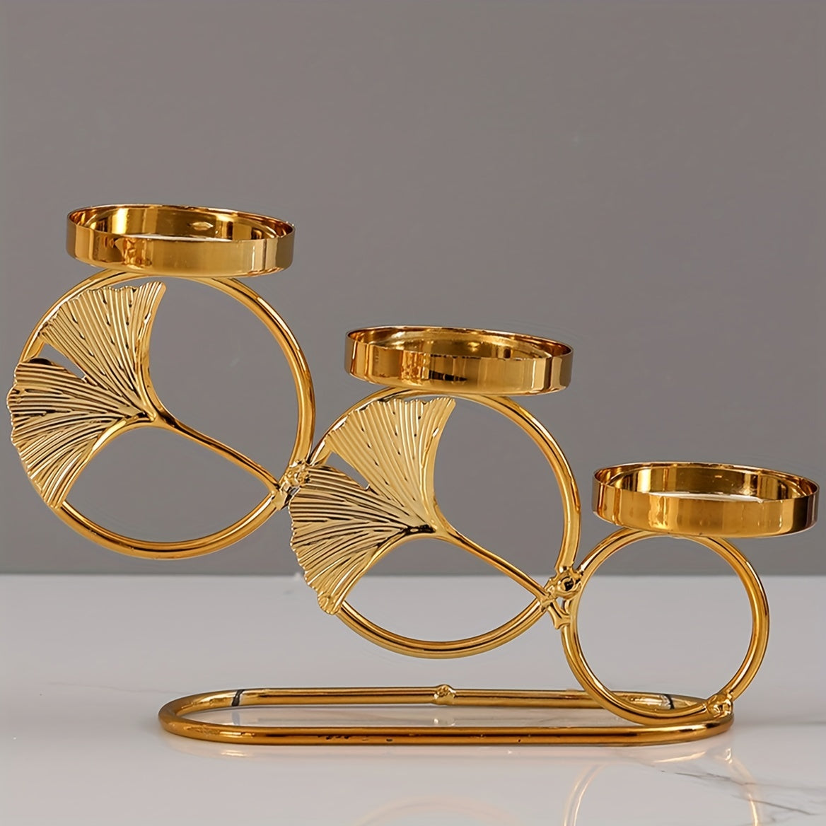 Ginkgo Leaf Candle Holder with Three Gold Cups for Romantic Decor and Weddings