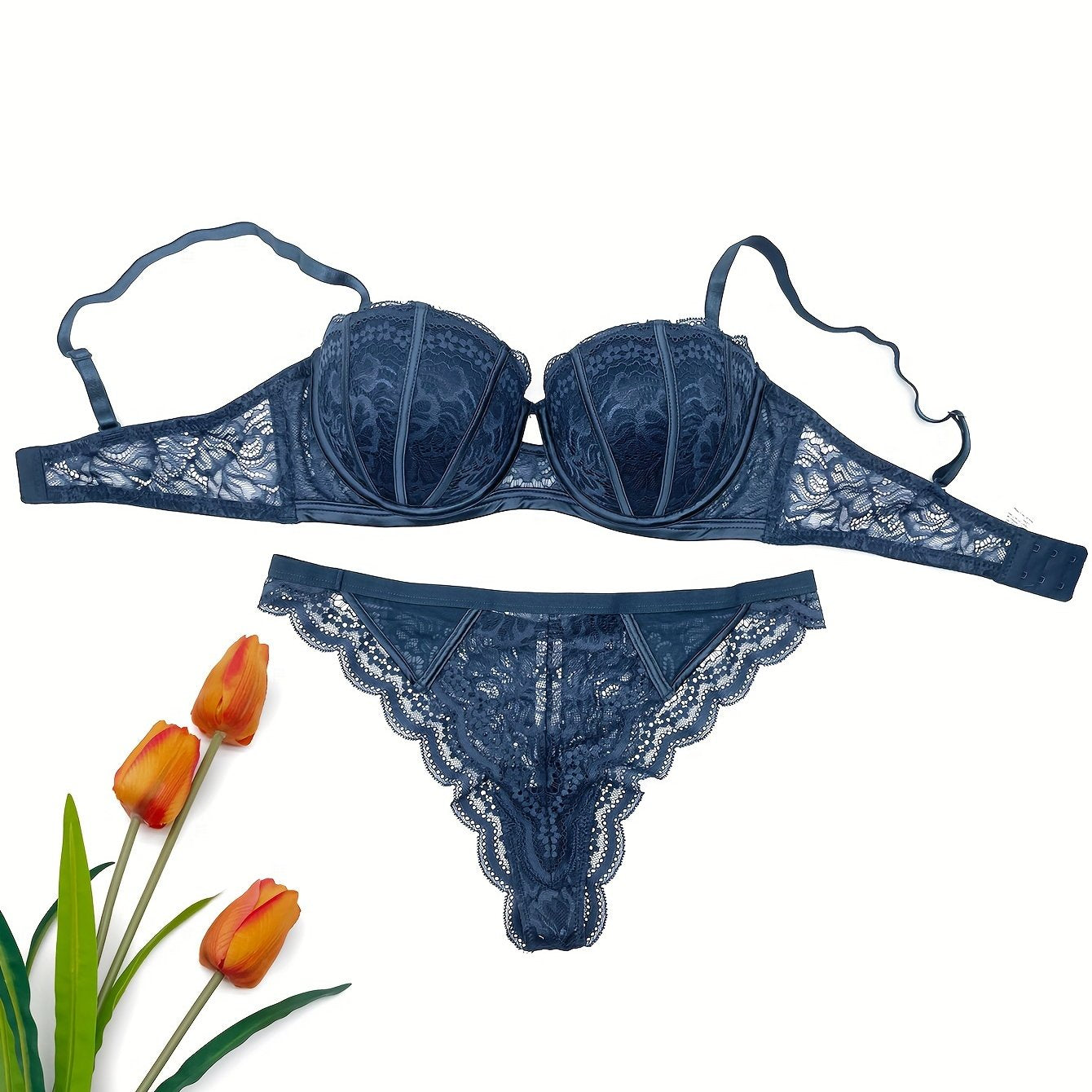 Women's Floral Lace Embroidered Push-Up Lingerie Set with Adjustable Bralette and Panty