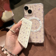 Purple Floral Pattern Magnetic Phone Case with Bow Design and Card Holder in TPU