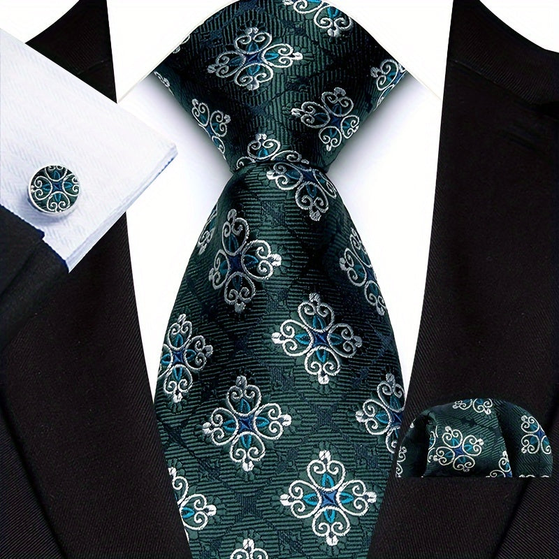 Men's Plaid Paisley Flower Tie Set with Cufflinks and Handkerchief Pack of 3