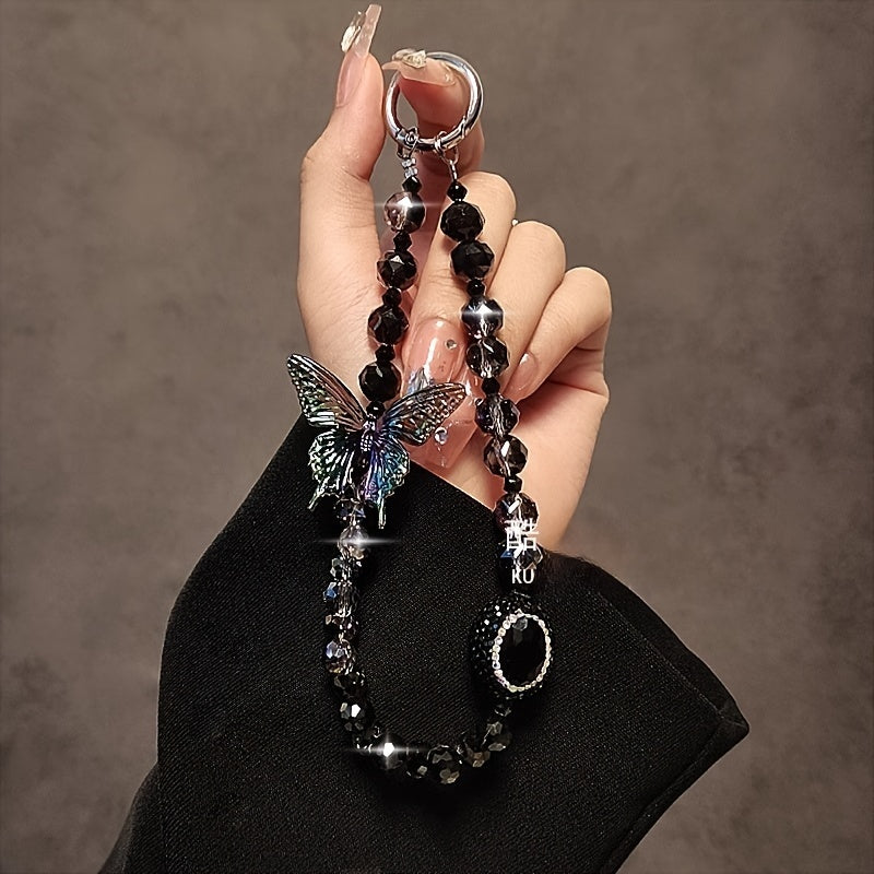 Lanyard para teléfono con cristales en forma de mariposa y detalles de gema, con clip transparente