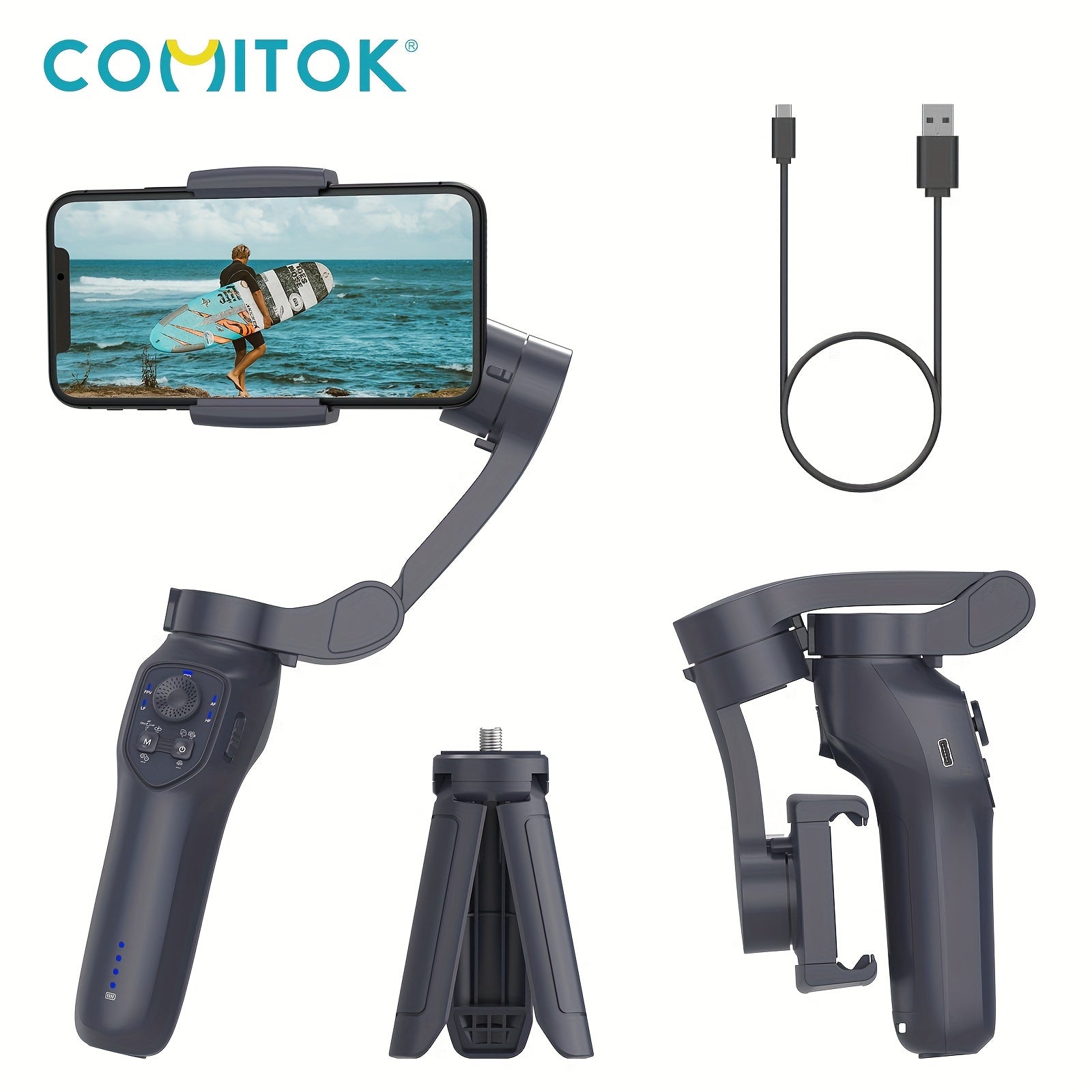 Portable Handheld Gimbal Stabilizer with Smart Gesture Control Foldable Design Fill Light for Selfies Vlogging and Live Streaming Black