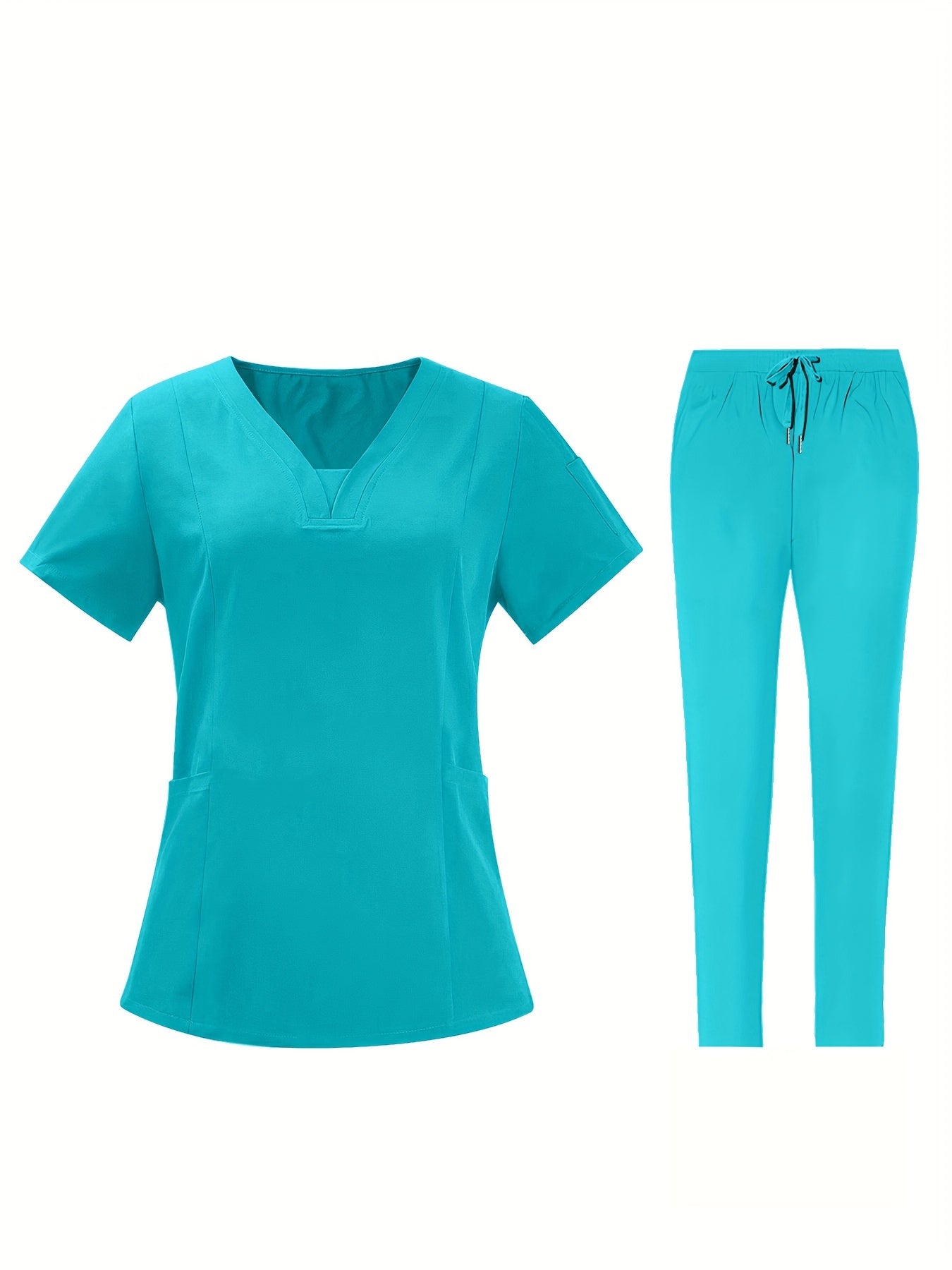 Women's Scrub Set V-Neck Top and Drawstring Pants Breathable Polyester Spandex Medical Uniform