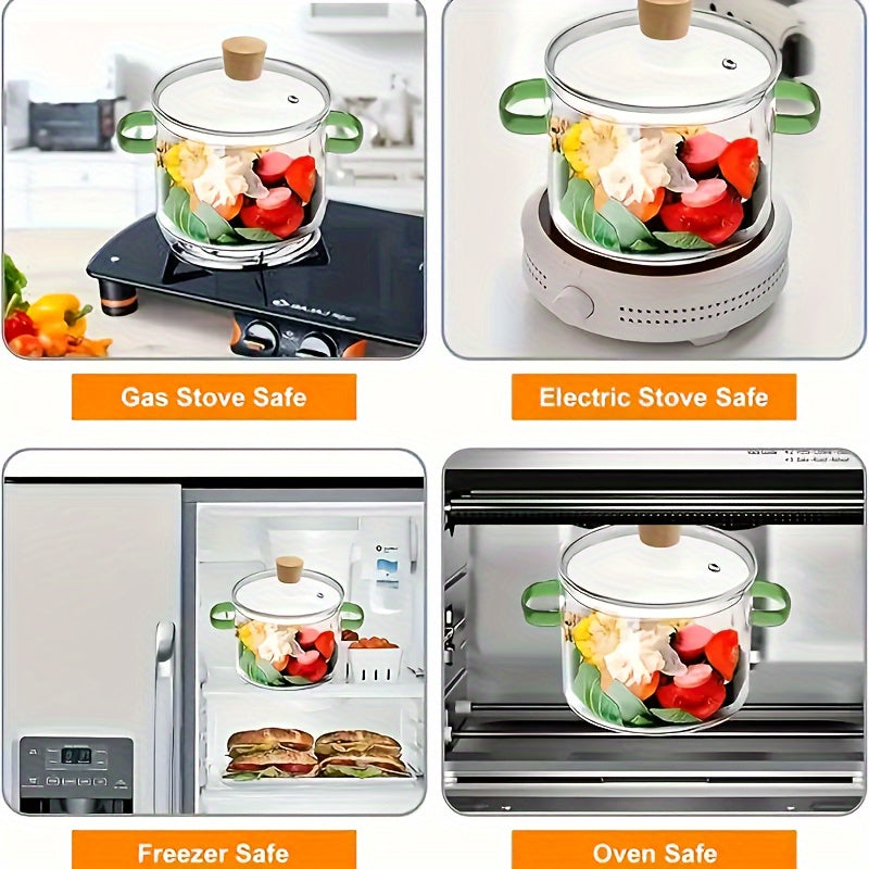 Olla de vidrio de borosilicato de 52oz con asa verde, utensilio de cocina transparente resistente al calor para sopa, gachas, pasta, con tapa