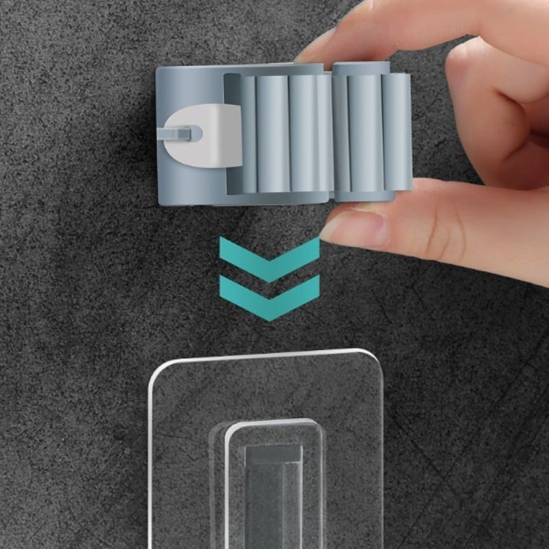 Gray Plastic Mop and Broom Holder Wall Mount Organizer for Bathroom Laundry