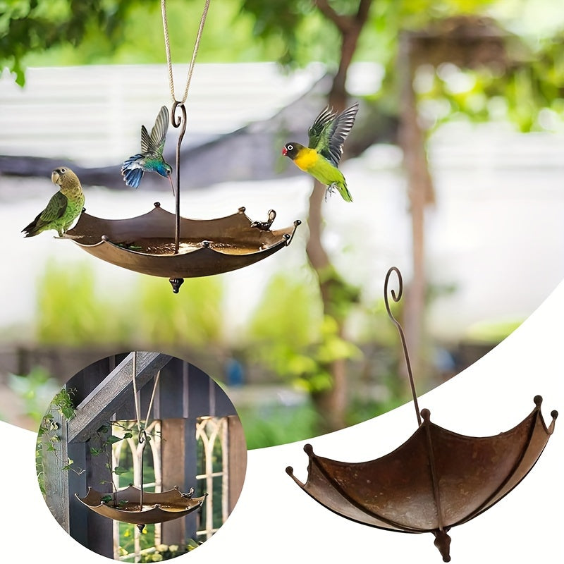 Outdoor Metal Bird Feeder and Bird Bath Umbrella-Shaped Garden Decor