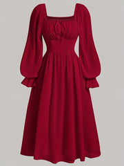 Women's Square Neck Ruched A-Line Dress with Lantern Sleeves and Ruffle Hem