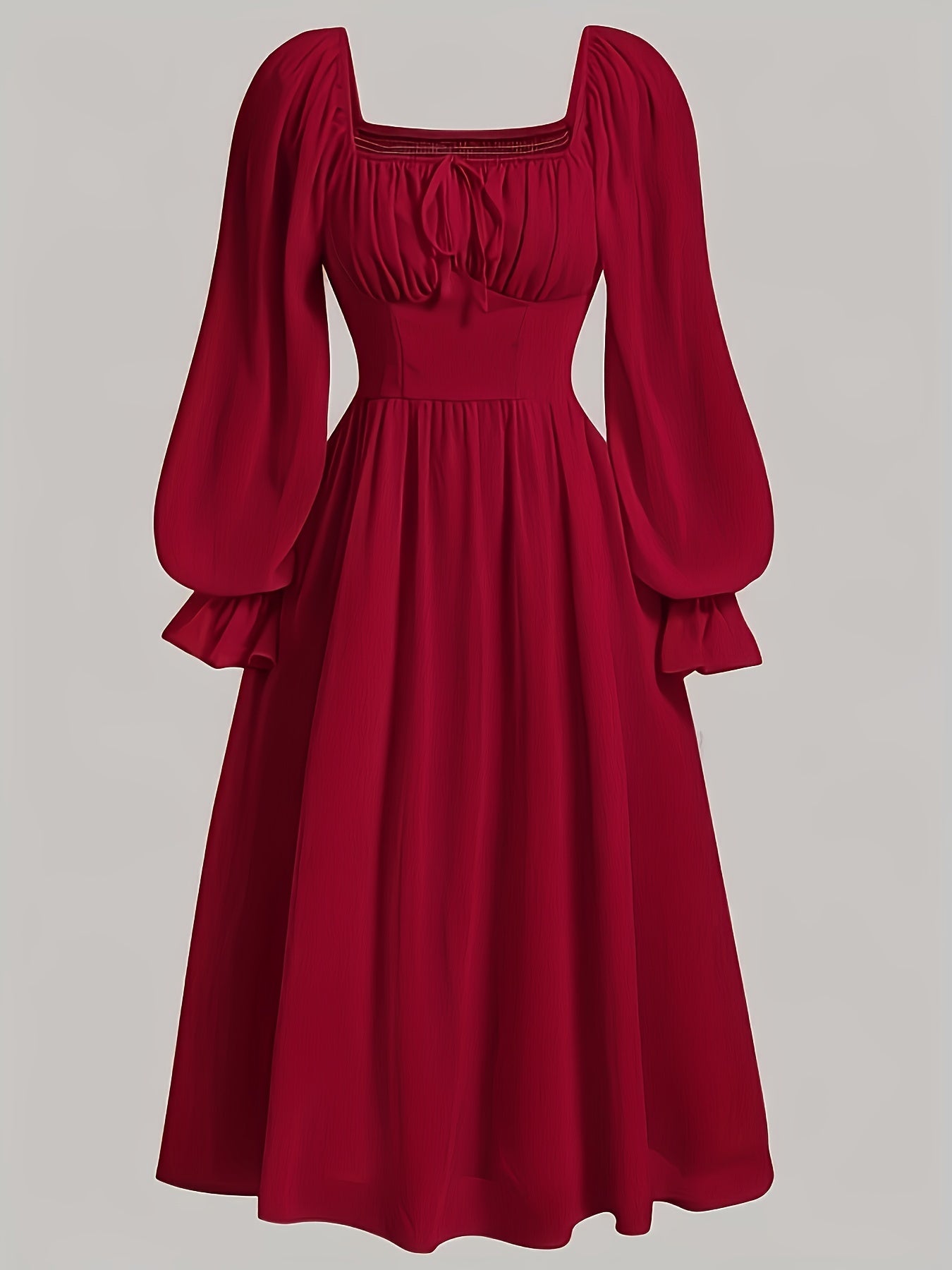 Women's Square Neck Ruched A-Line Dress with Lantern Sleeves and Ruffle Hem