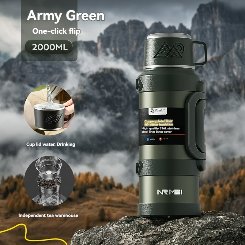 NRMEI izolyatsiyalangan zanglamas po'latdan yasalgan suv shishasi - 2000ML, Nilon tasma dizayni bilan, sayohat va ochiq havoda foydalanish uchun ideal, BPA-siz, bir marta bosish bilan ochiladigan, katta sig'imli, 14-fevral uchun mos.