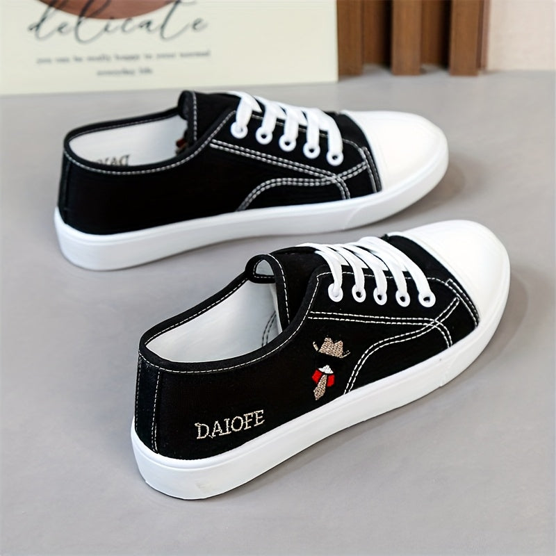 Women's Black White Cartoon Bear Lace-Up Sneakers Low-Top Casual Shoes