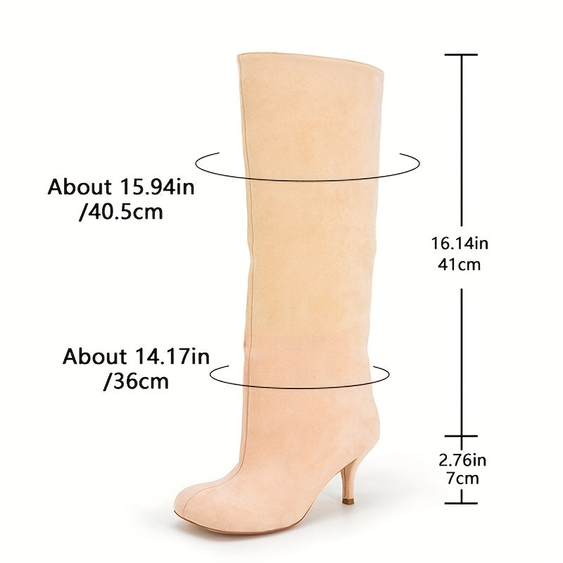 Women Beige Wide Calf Dress Boots Square Toe Slip-On High Heel