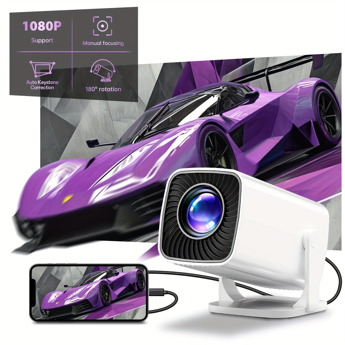 Portable 1080P Projector with 180° Adjustable Angle for Indoor Outdoor Use