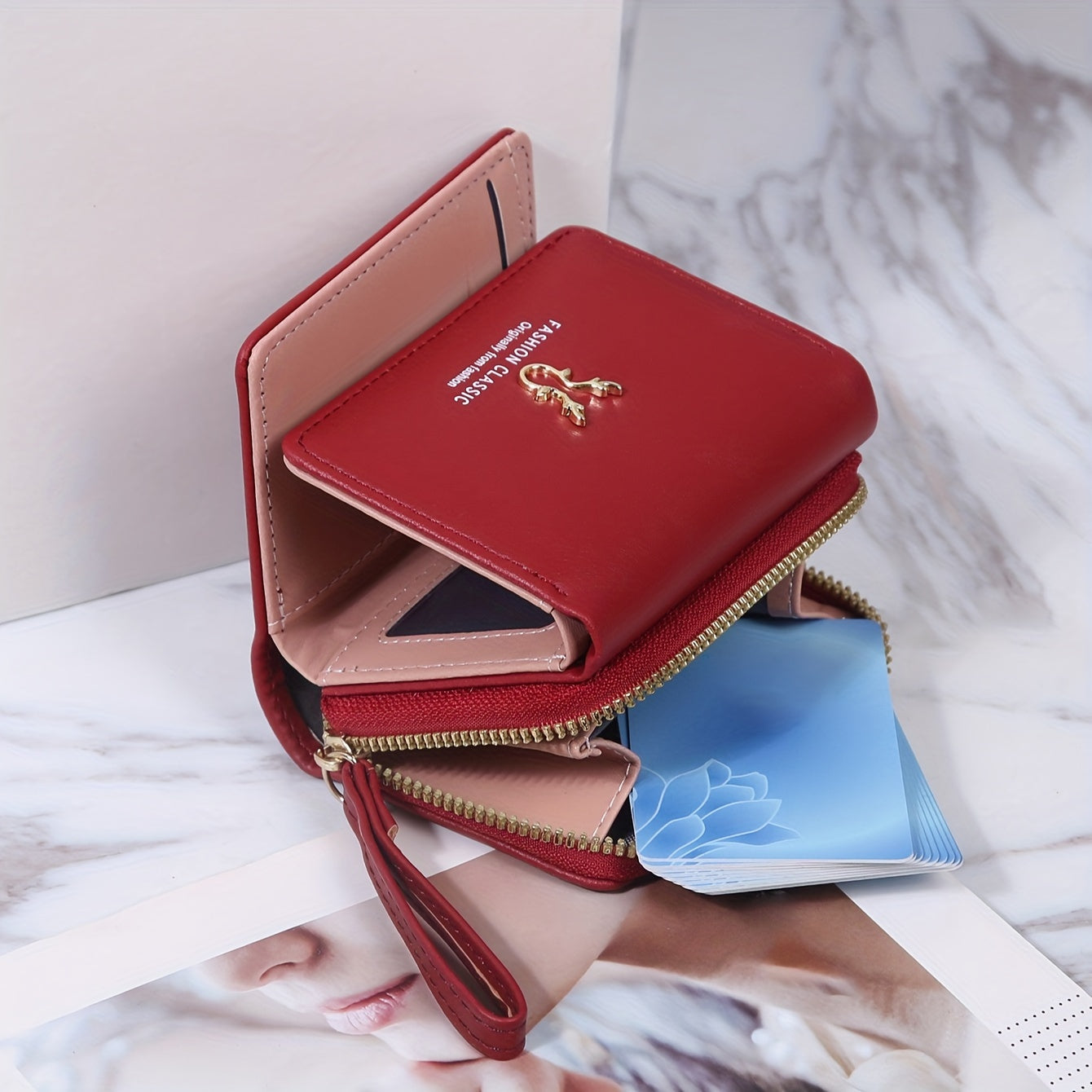 Men's Black PU Tri-Fold Wallet with Card Slots and Buckle