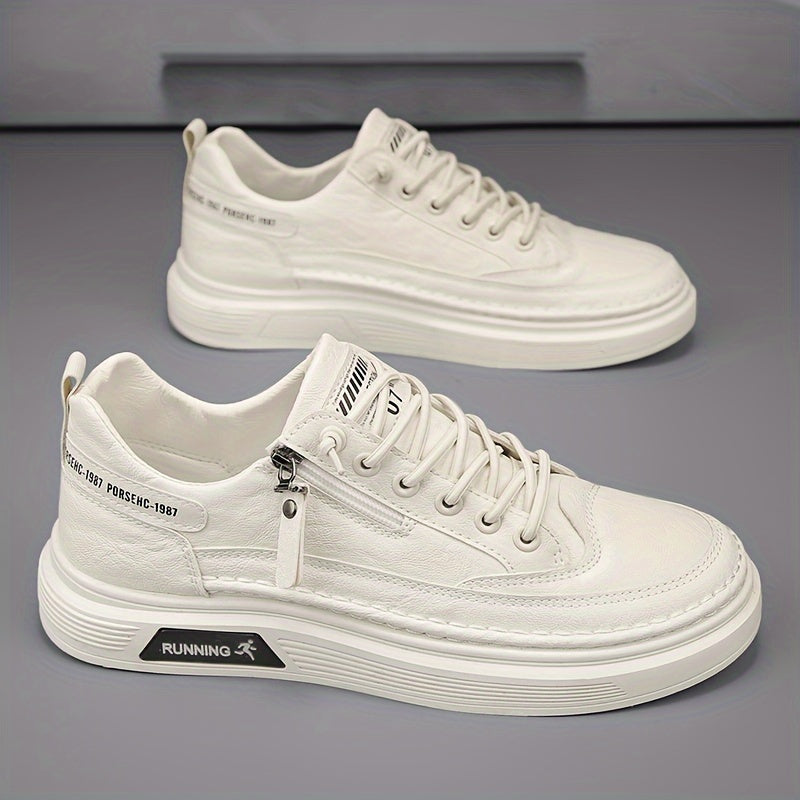 Men's White Faux Leather Sneakers with Zipper and Rubber Sole for Casual Spring 2024