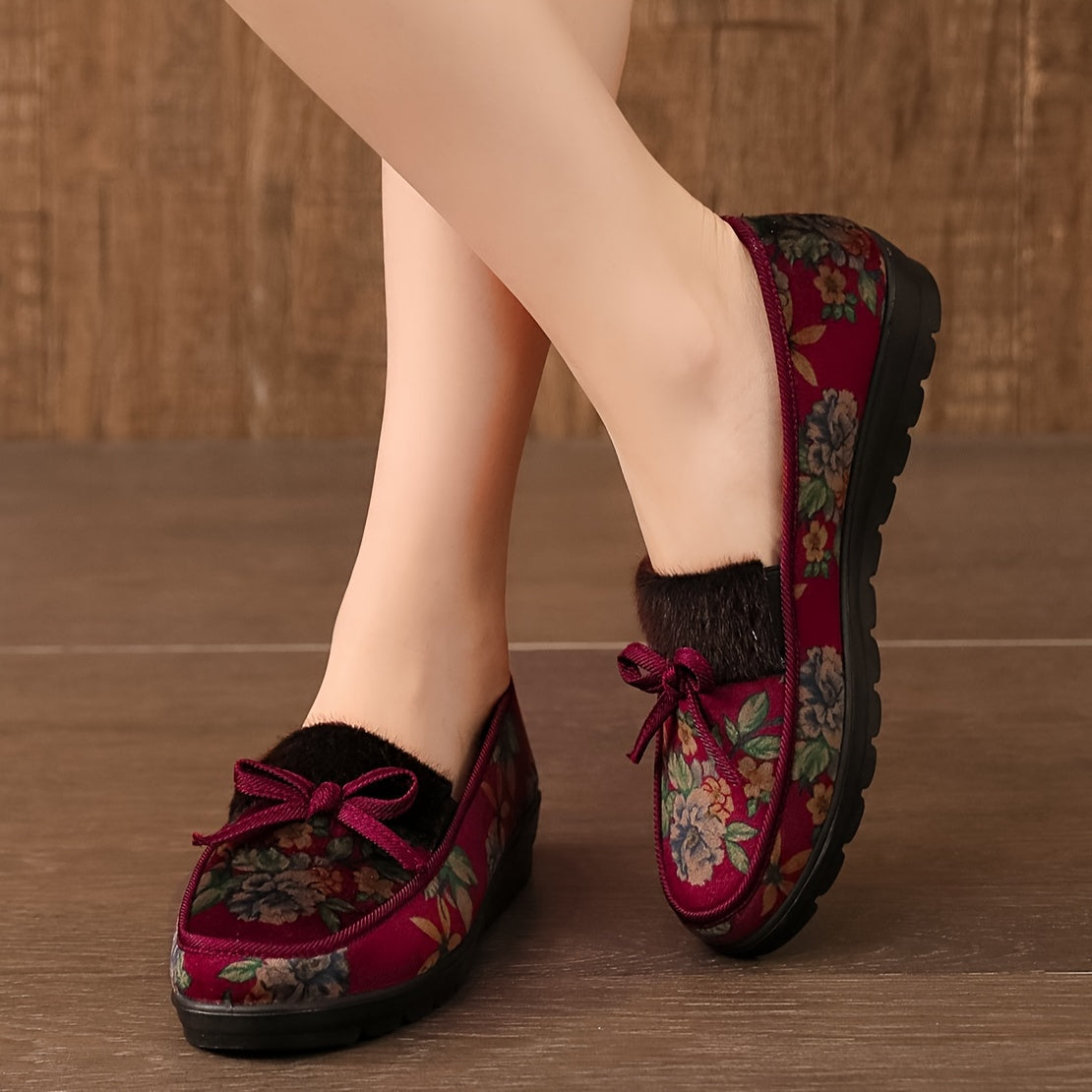 Women's Floral Winter Slippers Corduroy Loafers with Soft Sole and Cozy Lining